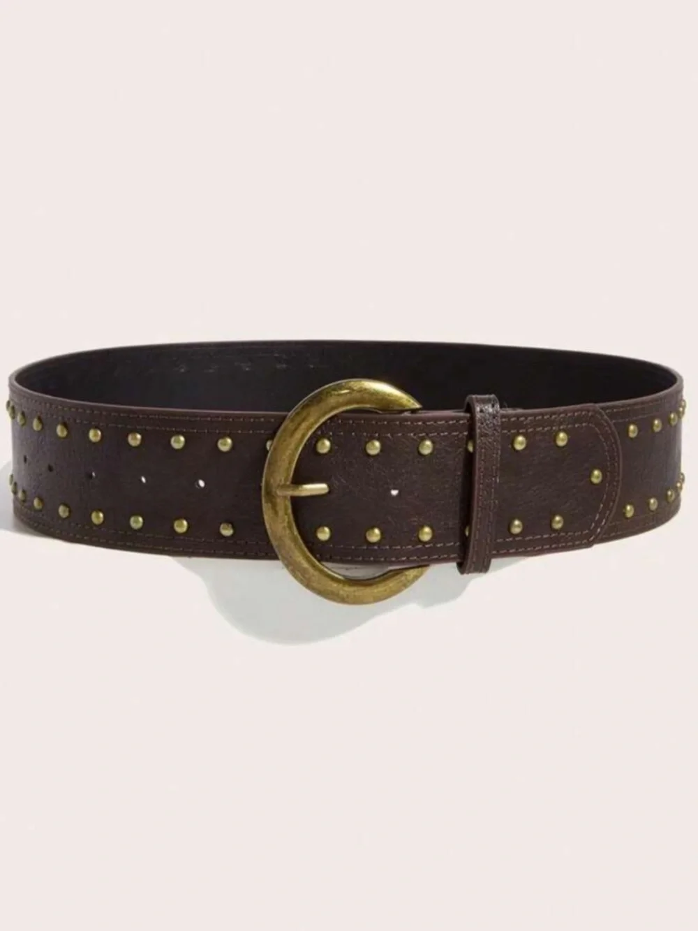 Brown Studded Wide Leather Belt with Antique Gold Buckle